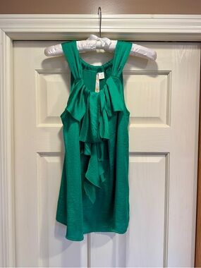 Adiva Emerald Green Satin Ruffled Neck Blouse